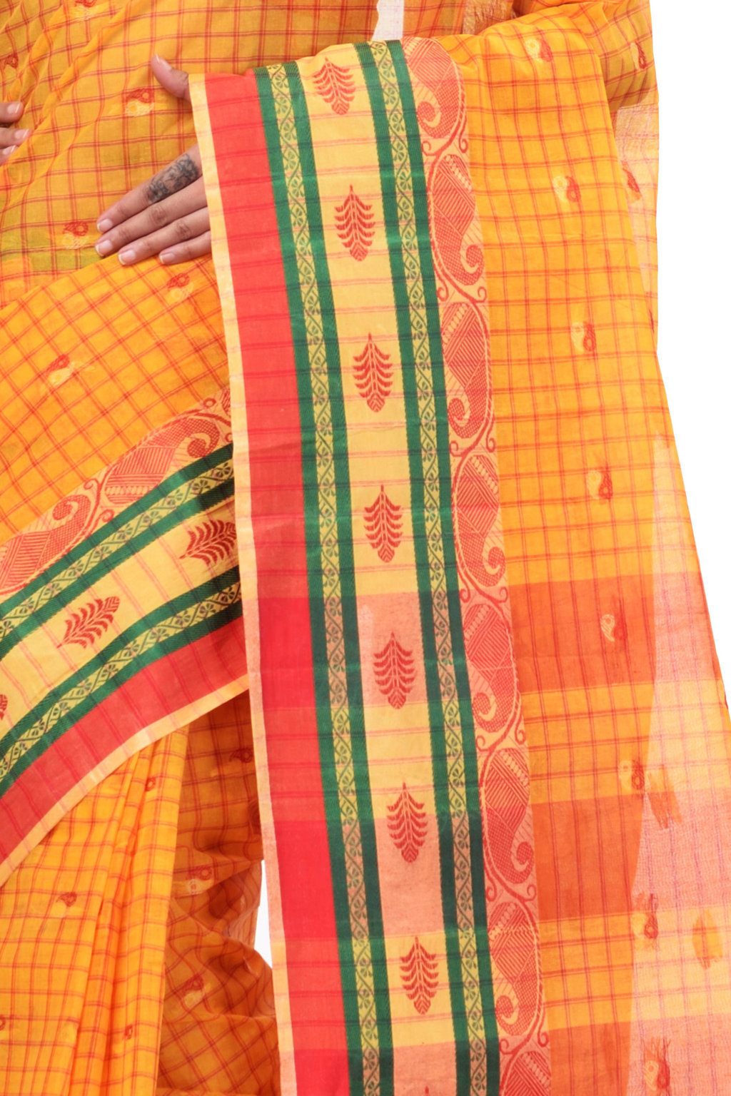 Yellow Pure Cotton ChakButi Tant Saree (125)
